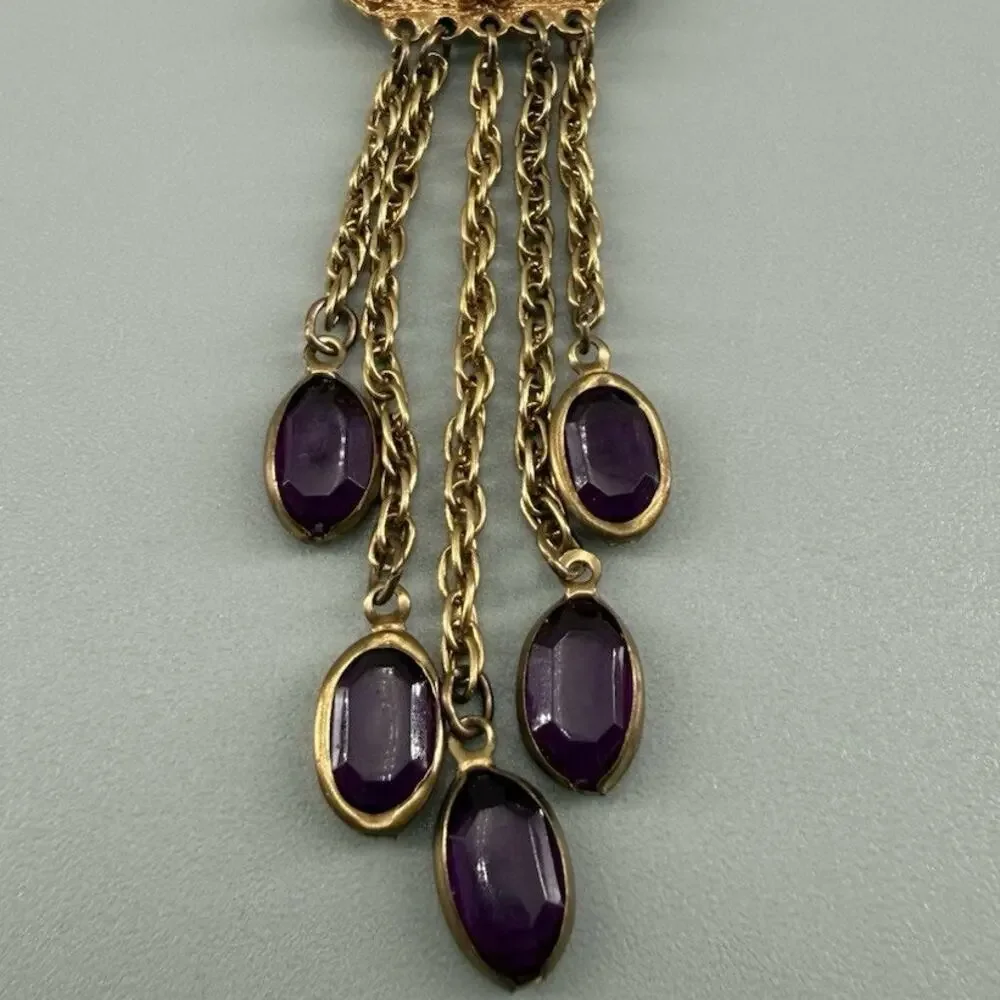 Vintage Purple Faux Gem Brooch Gold Tone Victorian Revival Purple Tassel Dangle